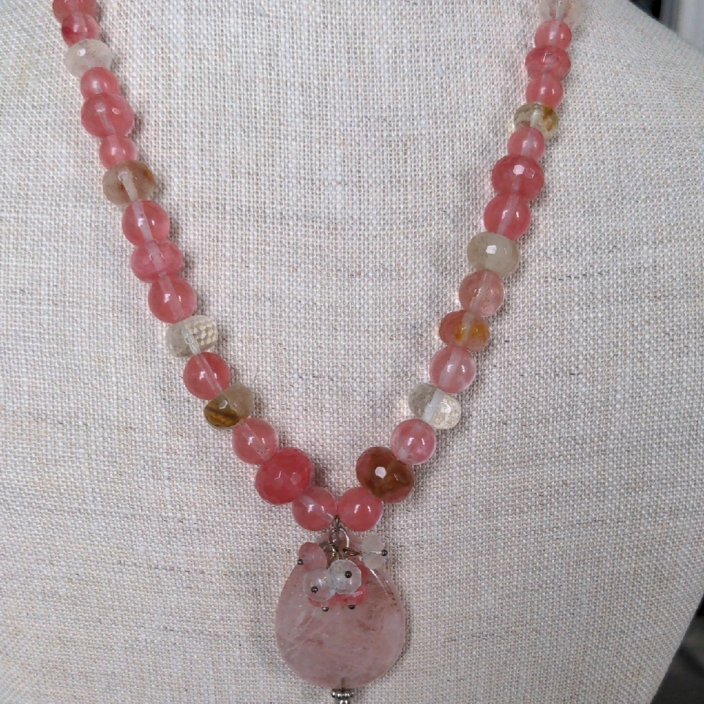 Pink Cherry Quartz Beaded Peny Necklace, New, Pastel, Party, Dressy